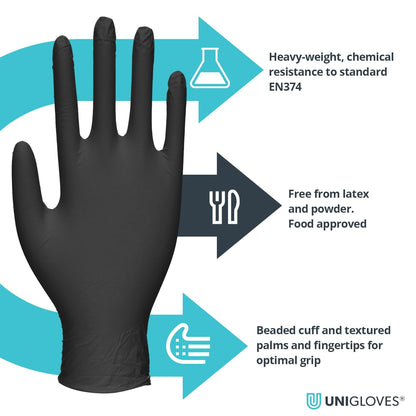 Unigloves PRO.TECT Black GA0042 Nitrile Single Use - Multipurpose, Powder Free Disposable Gloves, Box of 100 Gloves, Black, Small