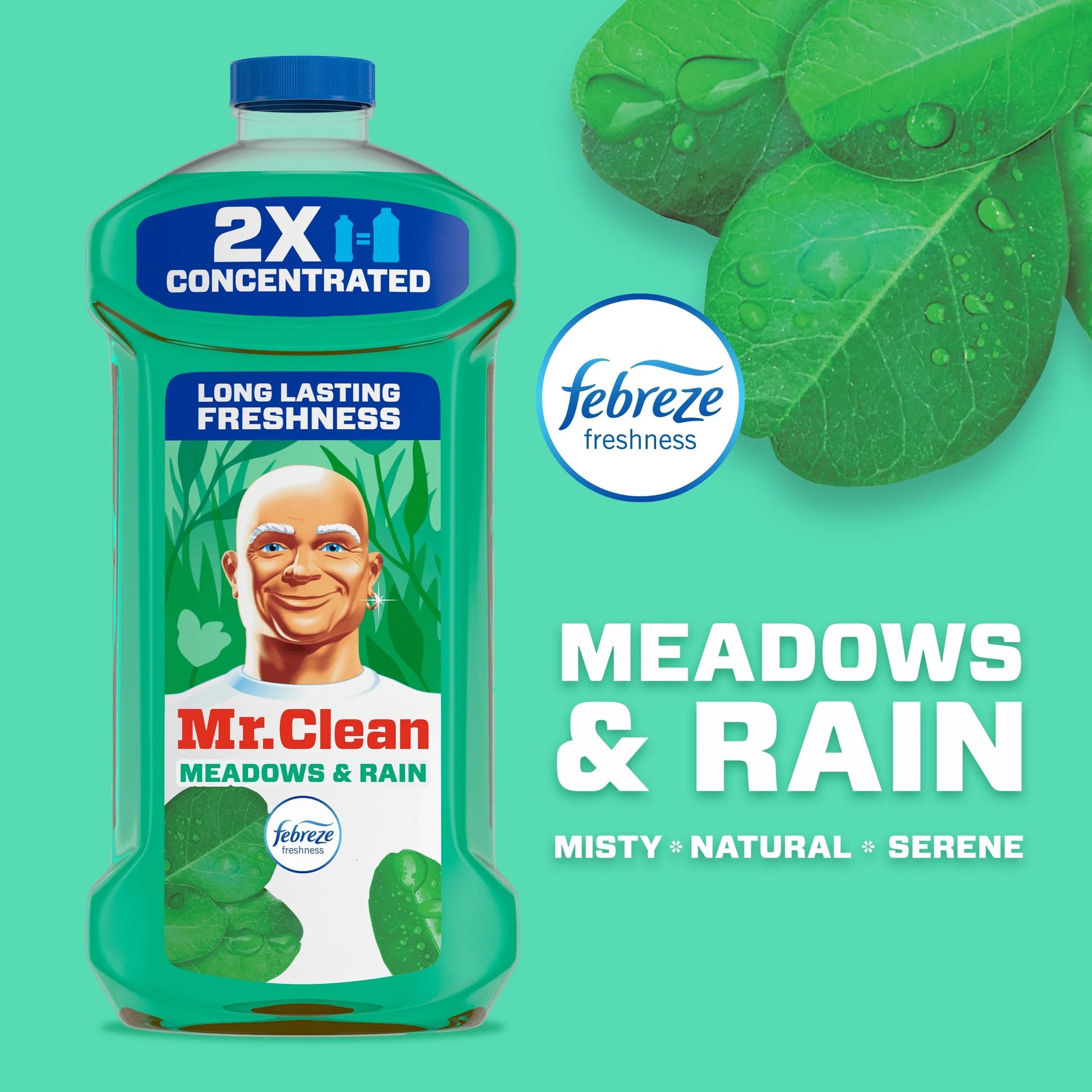 Mr. Clean 2X Concentrated Multi Surface, All Purpose Cleaner with Febreze Meadows & Rain Scent, 64 Fl Oz