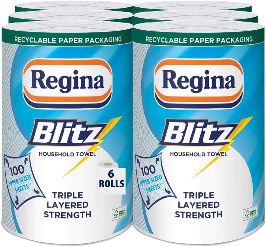 Regina Blitz Household Towels – 12 Rolls per Pack, 3-Ply Kitchen Roll, 70 Sheets per Roll, Paper Packaging, FSC Certified Paper, Recyclable Packaging, 60% Larger than Standard Kitchen Roll Sheets