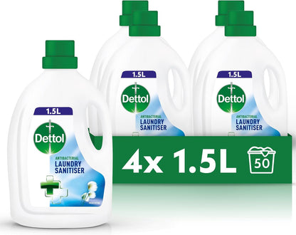 Dettol Laundry Sanitiser, Fresh Cotton, 4 X 1.5L Multipack (6L Total), Antibacterial Disinfectant, Kills 99.99% of Germs, Cleanser for Hygienic Freshness