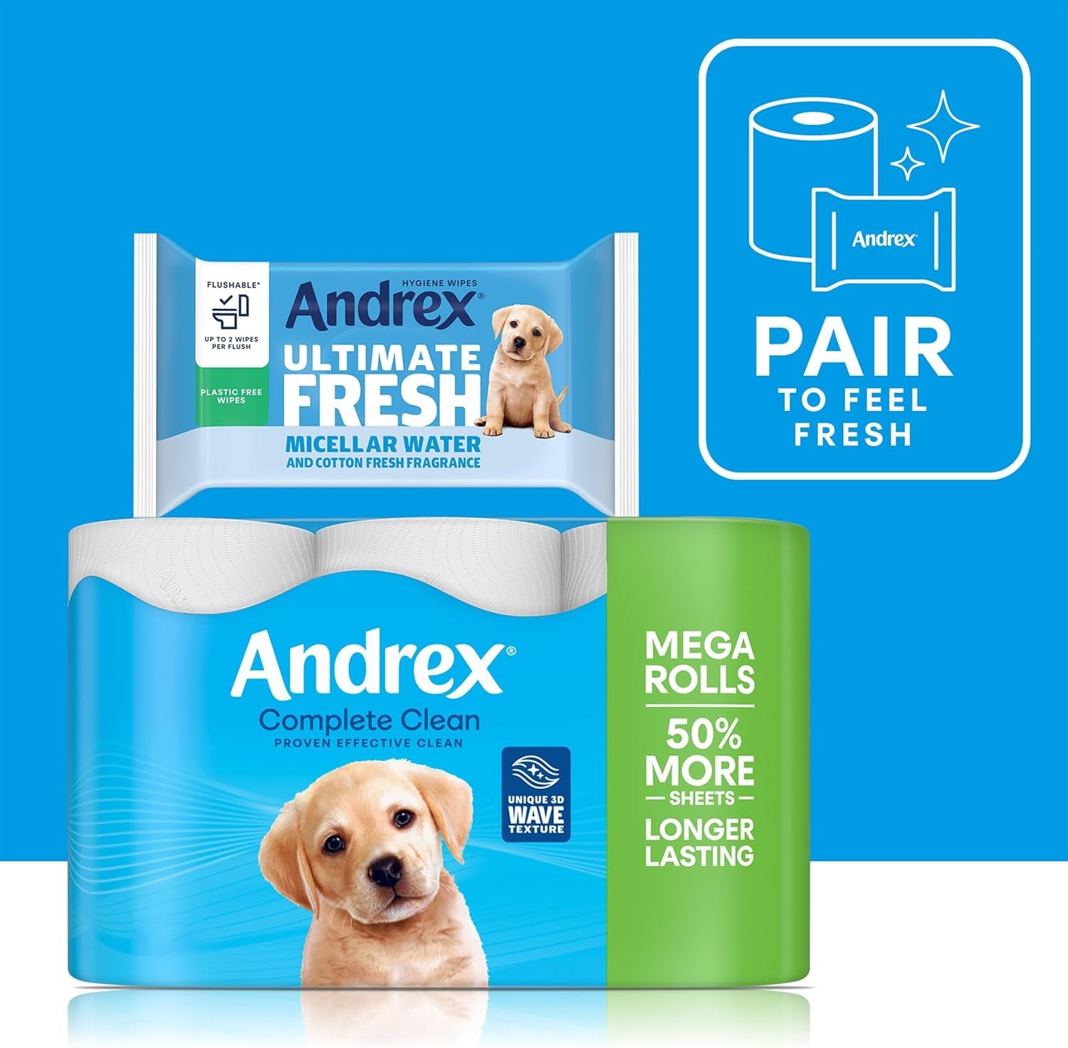 Andrex Complete Clean Toilet Tissue; 12 Mega Rolls, 50% Longer Lasting Toilet Paper with Unique 3D Wave Texture for a Proven, Effective Clean FSC Certified