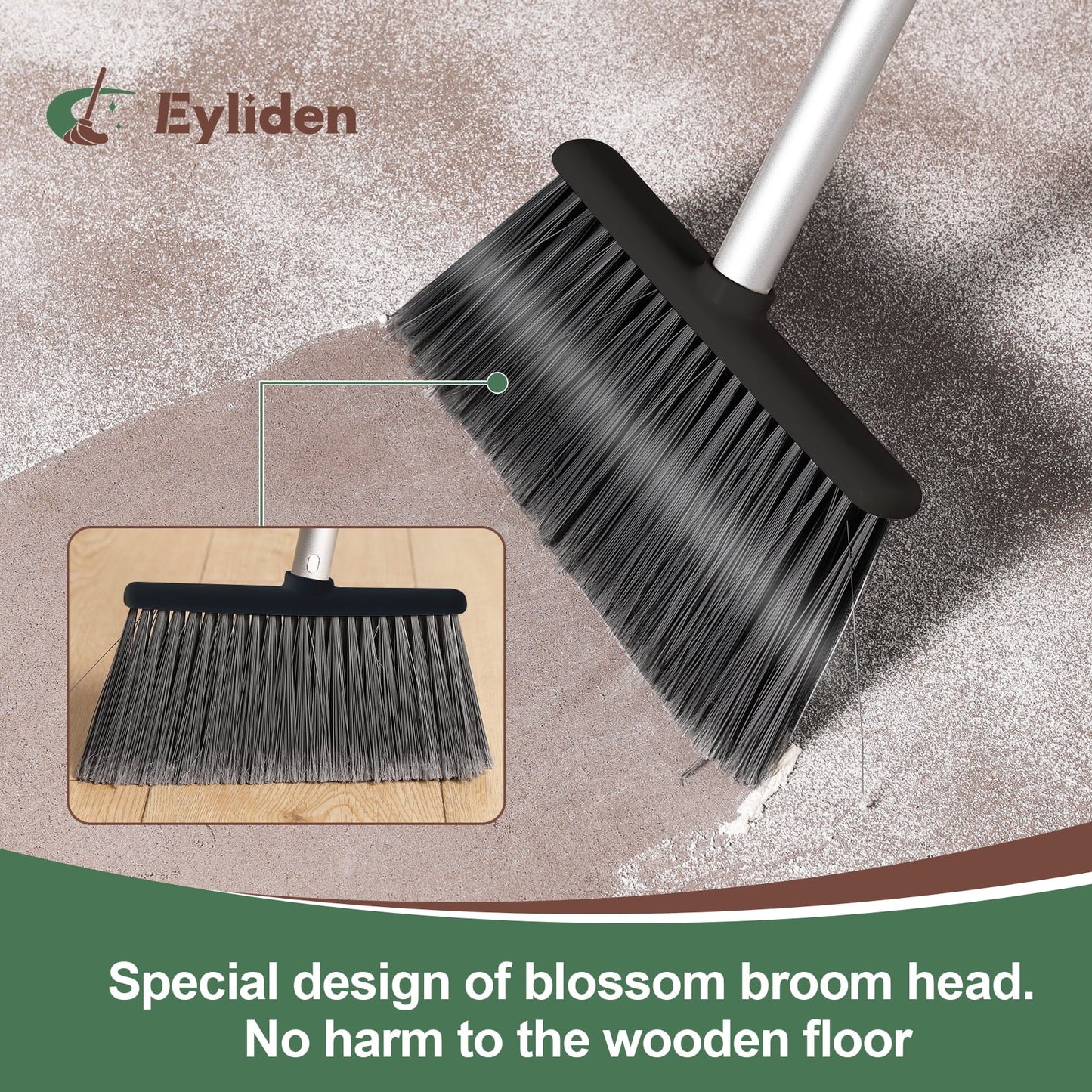 Eyliden Broom and Dustpan Combo Set, Self-Cleaning with Dustpan Teeth, Pet Hair Removal Broom, Stand Up, Extendable to 52" Broom, Dark Grey