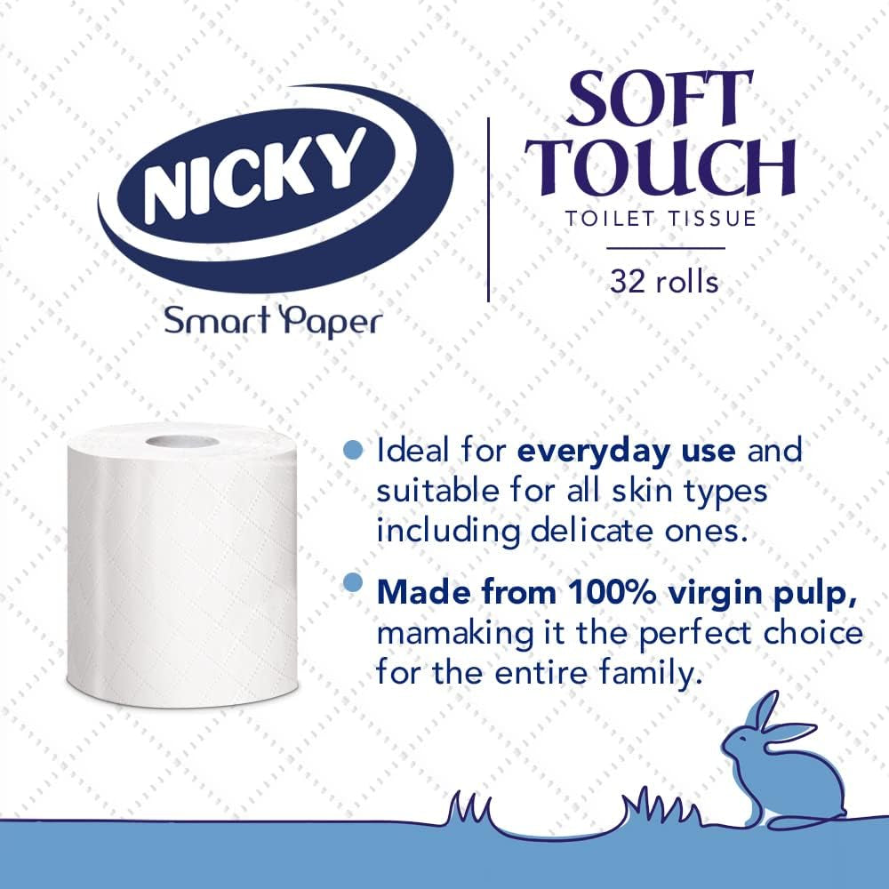 Nicky Soft Touch Toilet Tissue |Extra Value Pack – 32 Rolls of Extra Gentle White Toilet Paper |190 Sheets per Roll| 2-Ply | Soft Tissue | Modern Embossing |Easy Opening | 100% FSC Certified Paper