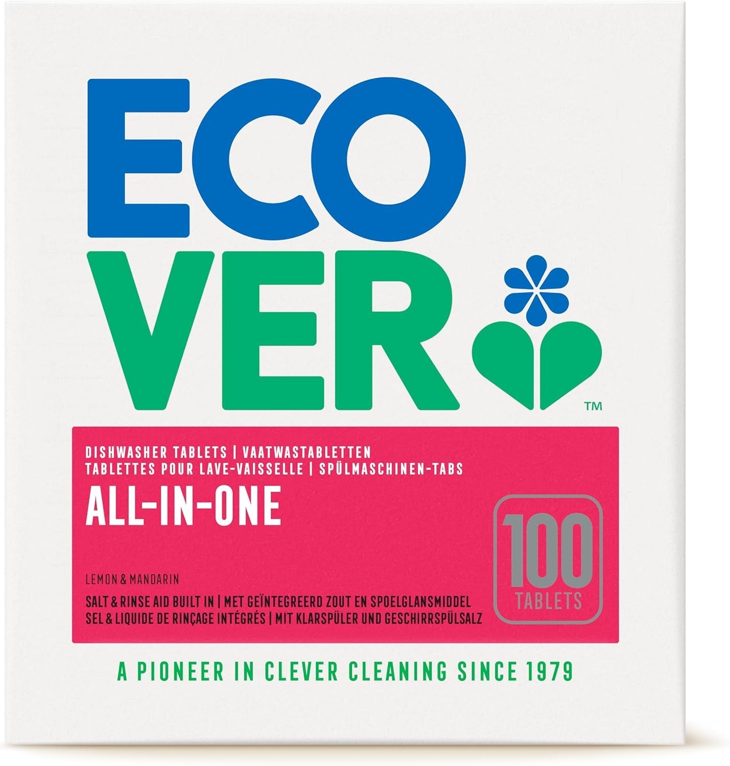 Ecover All in One Dishwasher Tablets, Contains Salt & Rinse Aid, Powerful Cleaning, Fresh Lemon & Mandarin Scent, Pack of 1, 68 Tablets