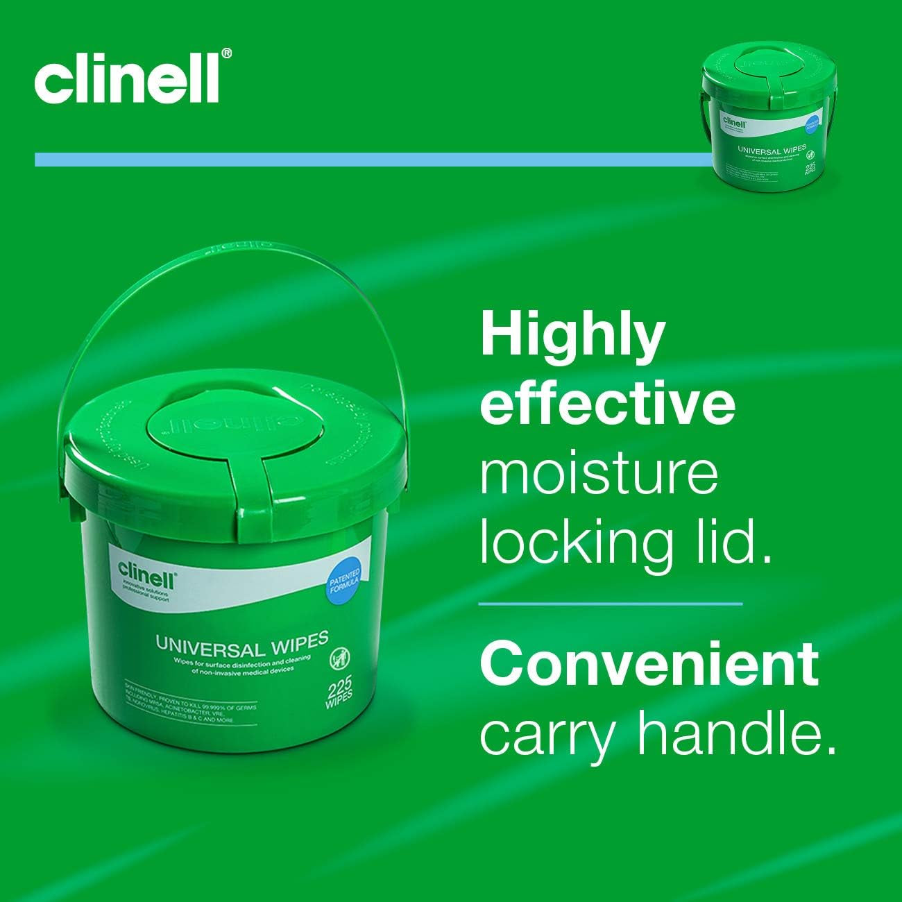 Clinell Universal Cleaning and Disinfectant Wipes Bucket - Pack of 225 - Multi Purpose Wipes, Kills 99.99% of Germs, Effective from 30 Seconds