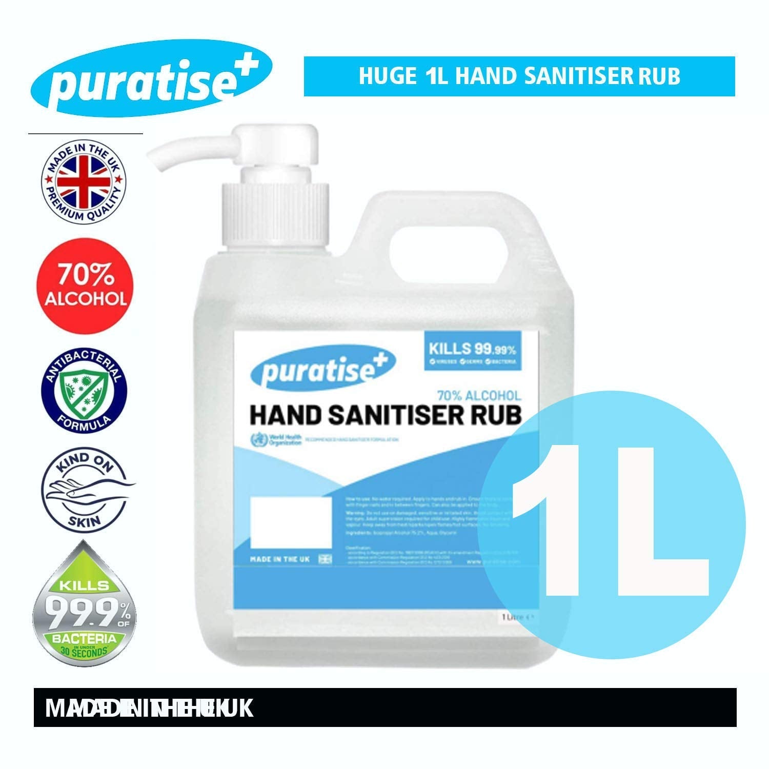 Hand Sanitiser PURATISE 1L Hand Sanitiser Alcohol Liquid RUB with Pump - 70% Hand Sanitizer Kills 99.99% of Germs & Bacteria - X1 MADE in the UK