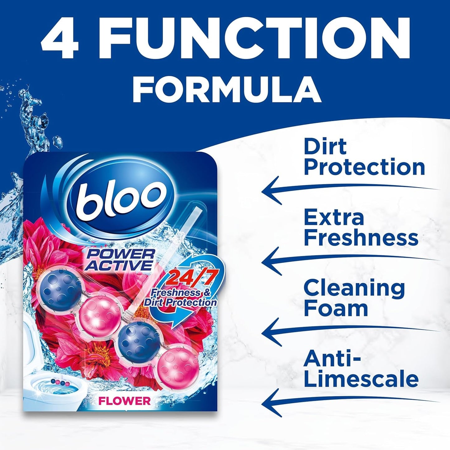 Bloo Power Active Toilet Rim Block Fresh Flowers, with Anti-Limescale, Cleaning Foam, Dirt Protection and Extra Freshness - Pack of 3 Rimblocks