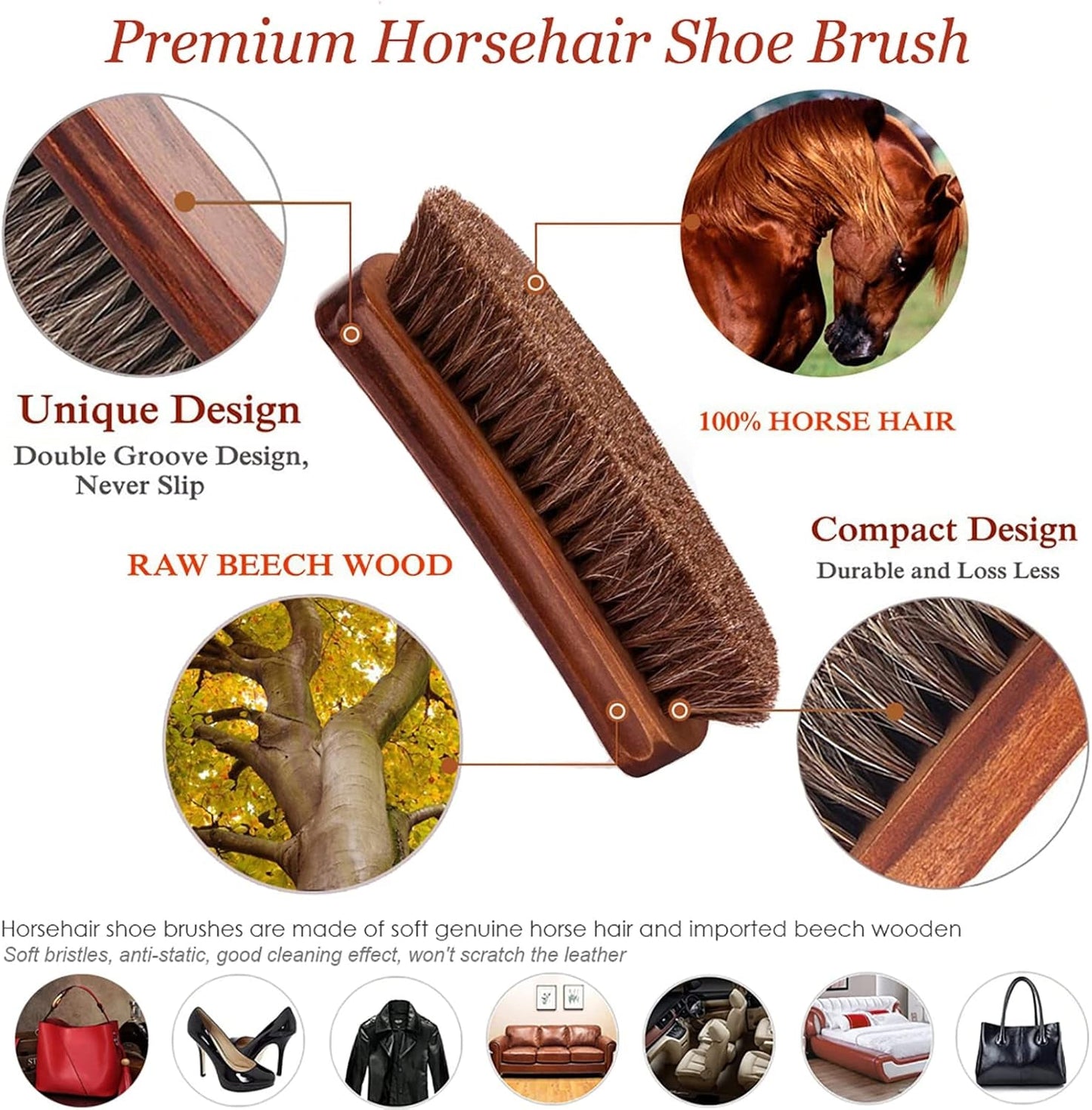 Shoe Brush Set, Ky-Tech 2Pcs Premium Soft Shoe Brush Shoe Shine Brush for Buffing Polishing, Horse Hair Brush Shoe Cleaning Brushes for Boots, Shoes, Car Seats, Sofas, Bags Great