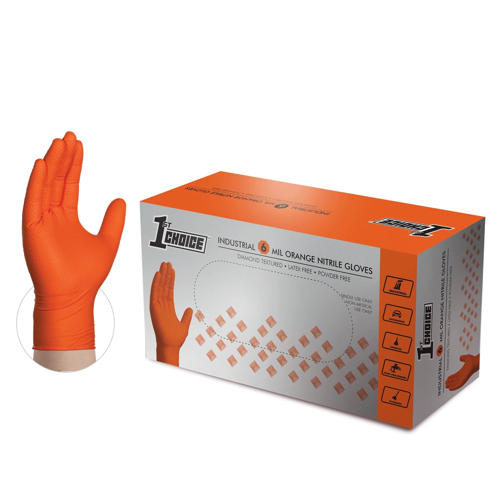 1St Choice Orange Disposable Nitrile Gloves Size XXL 1000 Count Diamond Grip