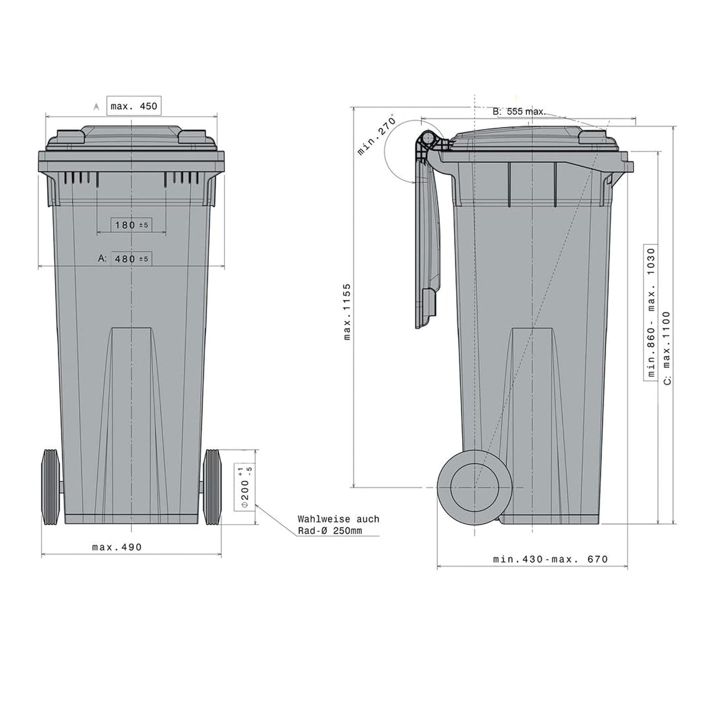 Pluto Packaging Commercial Industrial 140L Indoor Outdoor Waste Disposal Wheelie Bin with Strong Rubber Wheels & Lid