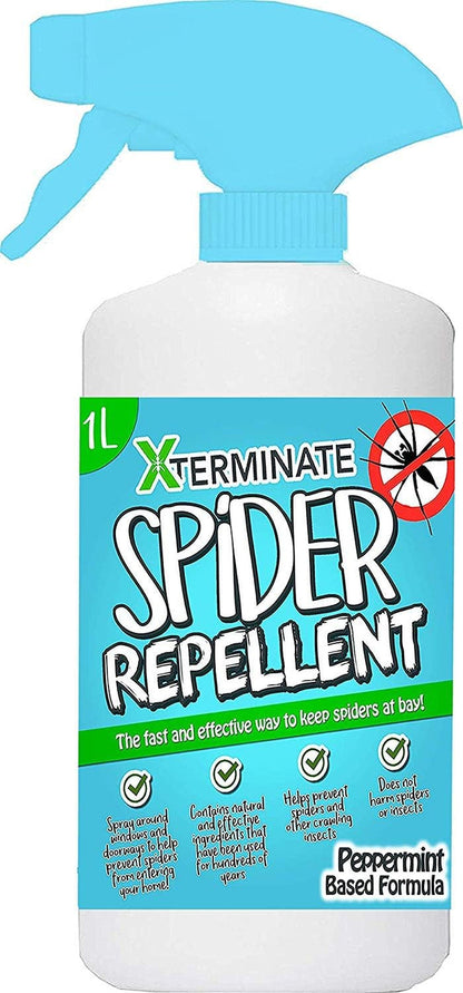 Xterminate Spider Repellent 1 Litre Spray for Indoor/Outdoor Use Suitable for CCTV Cameras, Doors and Windows. Super Strength Natural Peppermint Oil. Repels and Deters Spiders from Entering Homes