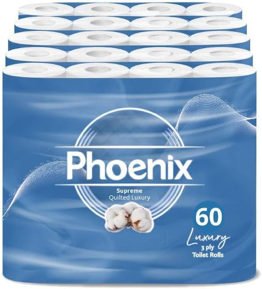 60 Phoenix Soft Supreme Luxury Toilet Rolls Bulk Buy - Quilted White 3 Ply Toilet Paper - Pack of 60 Toilet Tissue (12 X 5 Packs) - Toilet Rolls - Toilet Tissue - Loo Rolls - Eco Friendly Toilet Paper