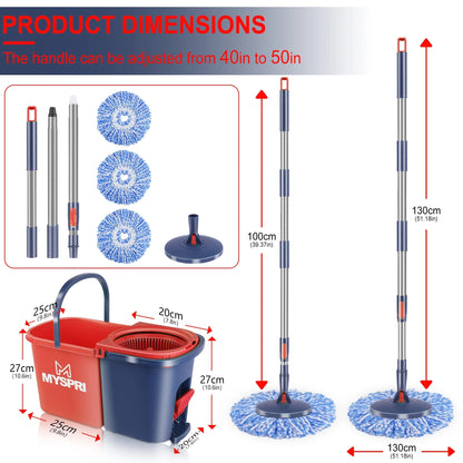 MYSPRI Spin Mop and Bucket System with Wringer Set for Floor, Separate Clean and Dirty Water, 3 Microfiber Mop Pads