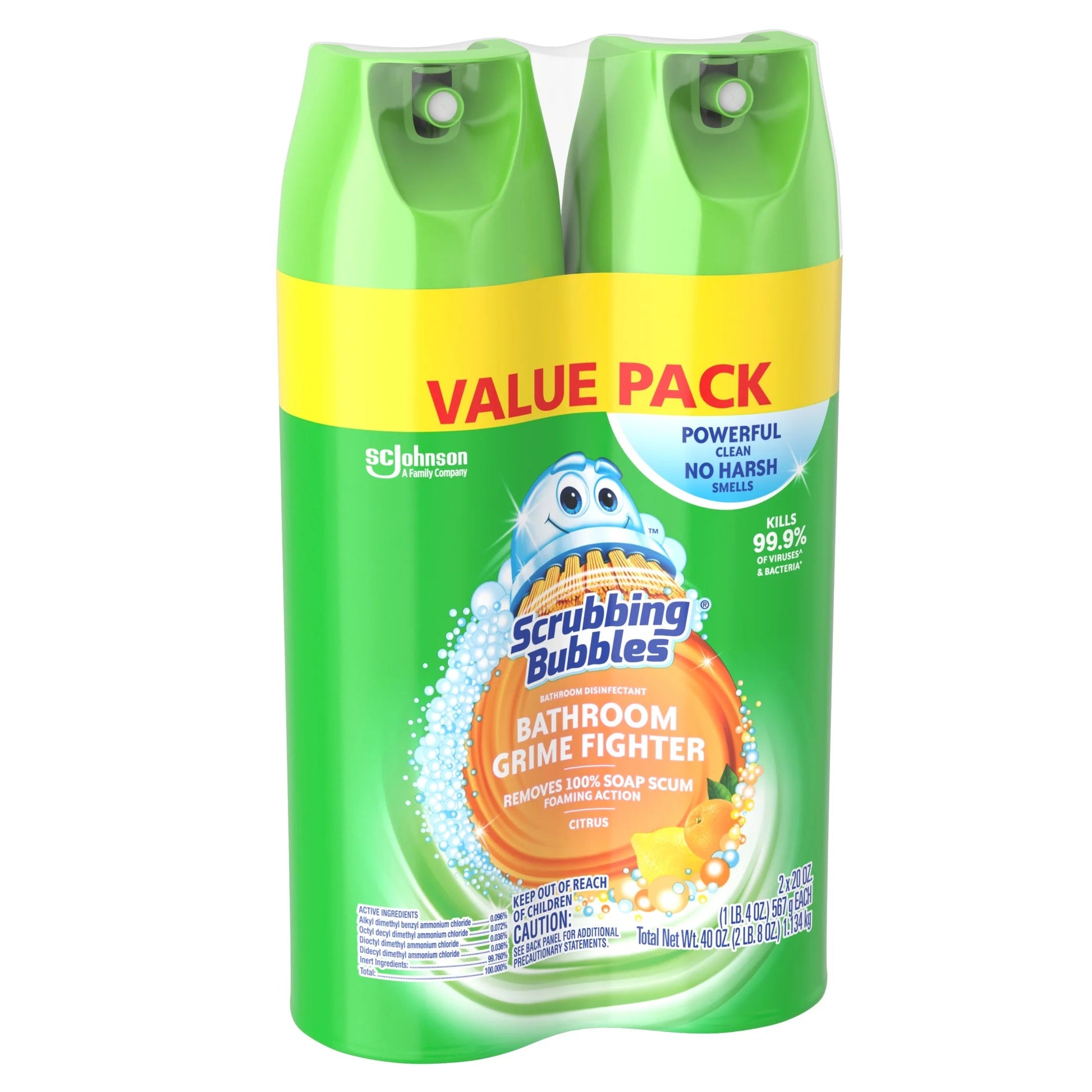 Scrubbing Bubbles Bathroom Grime Fighter, Disinfectant Cleaner Aerosol, Citrus, 20 Oz, 2 Count