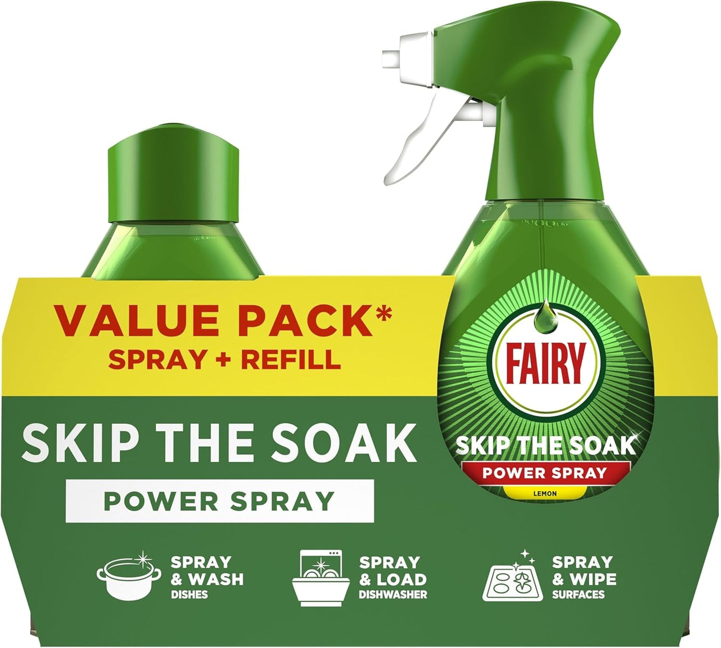 Fairy Skip the Soak Dish Power Spray + Refill Lemon 1300Ml, Pre-Treatment Spray for Dishes & Kitchen, Effective on 100% Kitchen Grease, anti Grease Remover, Degreaser Spray, Fast & Effortless Clean