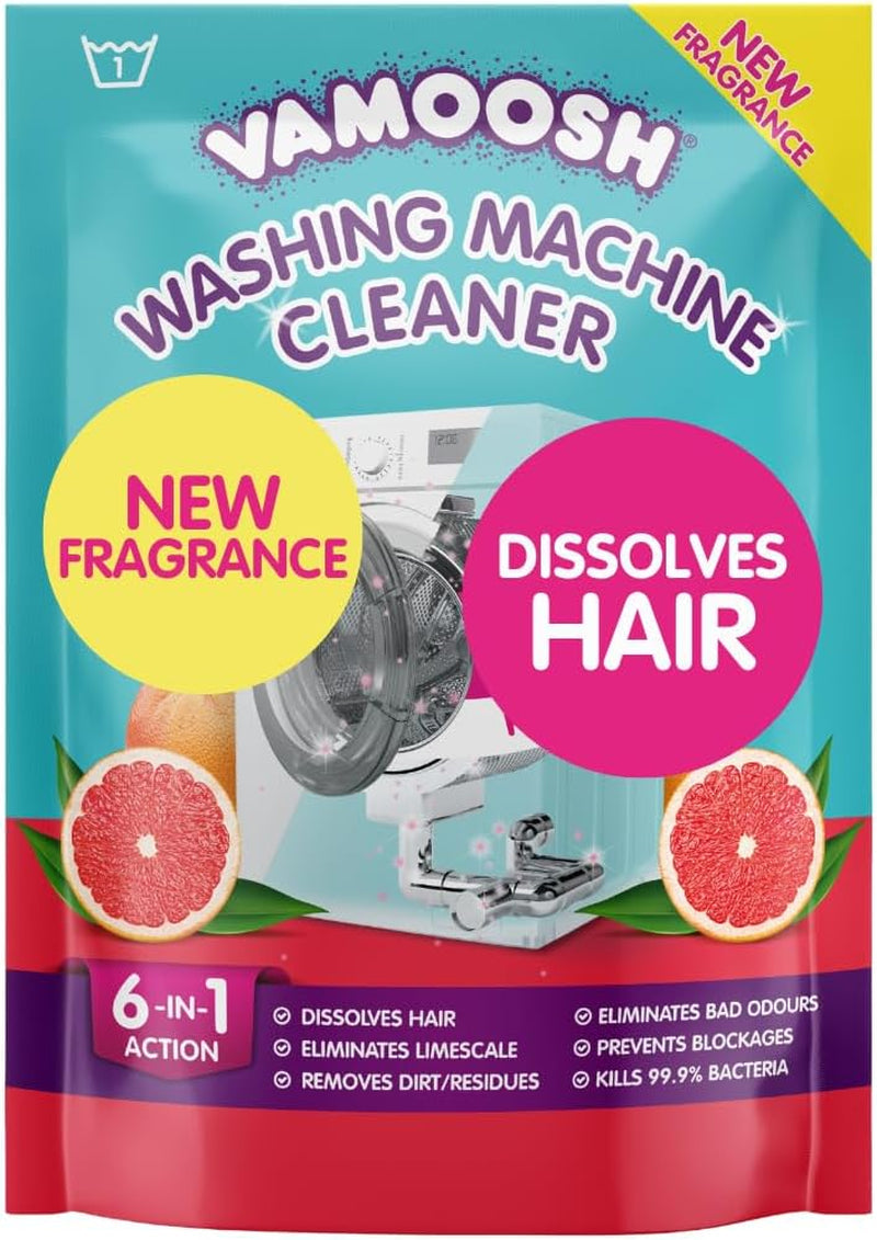 Vamoosh 6-In-1 Washing Machine Cleaner, Dissolves Hair, Eliminates Bad Odours, Removes Limescale, Deep Clean, Leaves Smelling Fresh, Antibacterial, Descales (Lemon, Single Pack)