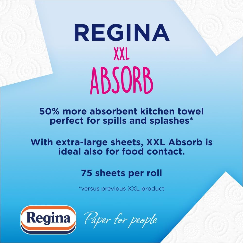 Regina XXL Absorb Kitchen Towels – 8 Rolls per Pack, Super Absorbent 2-Ply Kitchen Towels, 75 Sheets per Roll, Extra-Large Sheets, 50 Percent More Absorbent than Previous XXL Products, Easy Open Pack