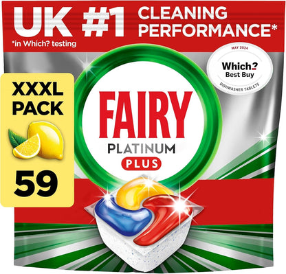 Fairy Platinum plus 59 Dishwasher Tablets, Lemon, Our Best Cleaning for a Clean like New, Removes Dullness & Prevents Limescale