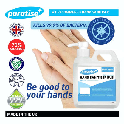 Hand Sanitiser PURATISE 1L Hand Sanitiser Alcohol Liquid RUB with Pump - 70% Hand Sanitizer Kills 99.99% of Germs & Bacteria - X1 MADE in the UK