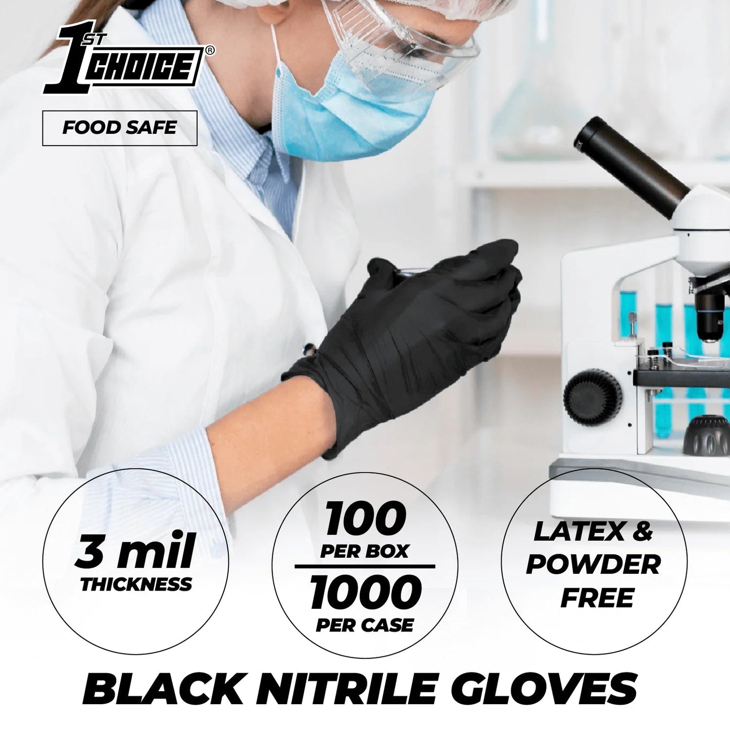 1St Choice Black Nitrile Exam Gloves, Size Large, 200 Count, Light-Duty