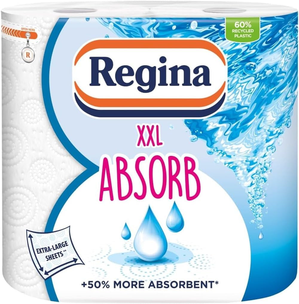 Regina XXL Absorb Kitchen Towels – 8 Rolls per Pack, Super Absorbent 2-Ply Kitchen Towels, 75 Sheets per Roll, Extra-Large Sheets, 50 Percent More Absorbent than Previous XXL Products, Easy Open Pack