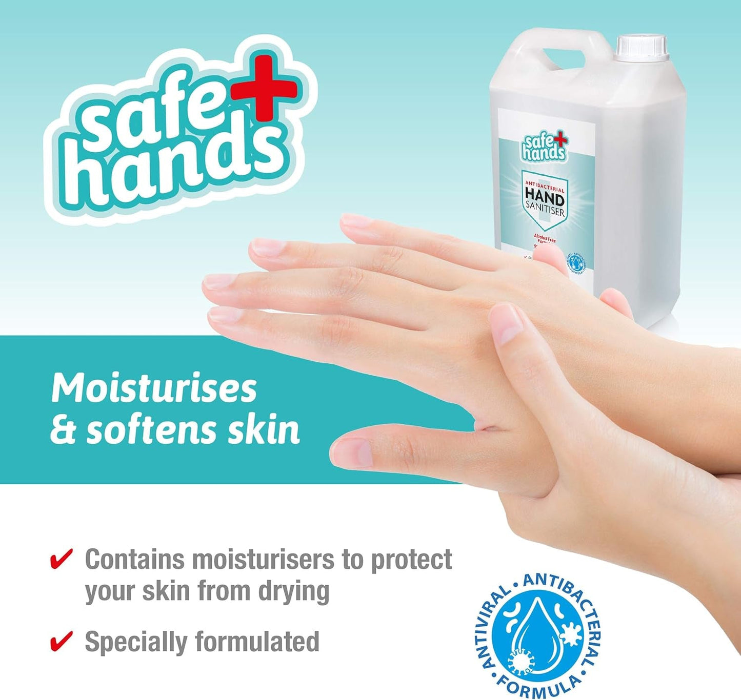 Safe Hands Hand Sanitiser Gel | Alcohol Free | 5 Litre (2 Pack) with 2 Manual Dispenser Pumps | Antibacterial & Antiviral Non Alcohol Hand Sanitizer | Contains Moisturisers