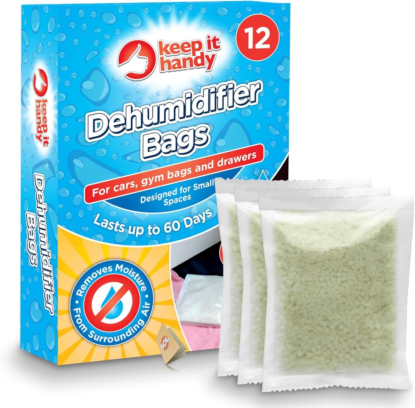 SOL 12Pk Dehumidifier Bags - Interior Dehumidifiers Disposable for Home, Wardrobe & Car - Moisture Absorbers with Damp Control & Odor Removal - Compact & Portable - Fits in Small Area