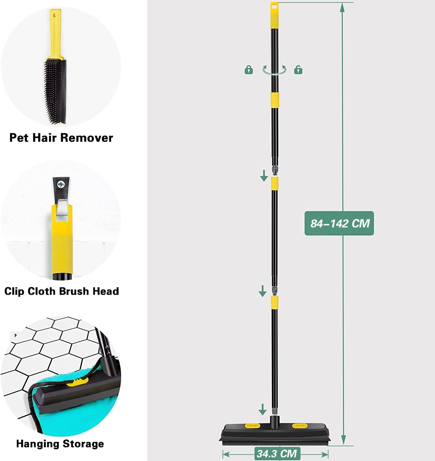 WELDUN Rubber Broom Telescoping Handle 142Cm Rubber Brush Pet Hair Removal Broom, Fur Remover Broom with Squeegee and Handle, Detailing Brush, Dog Hair Remover for Carpets, Couch, Yellow/Black