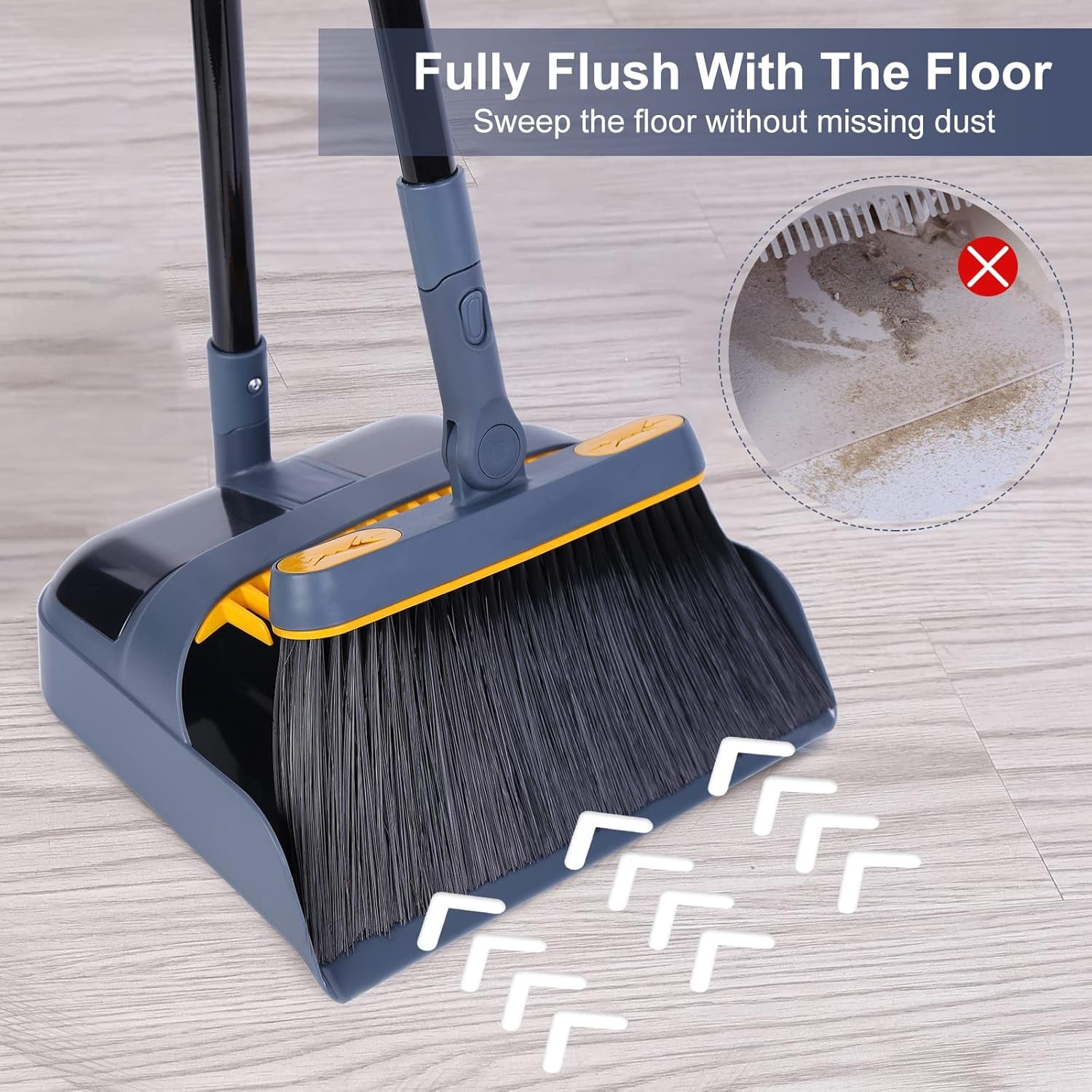 JEHONN Dustpan and Brush Set Long Handled, Tall 180 Degree Rotating Sweeping Brush, Household Dust Pan with Comb Teeth for Indoor Outdoor Garden Home Room Kitchen Office Lobby