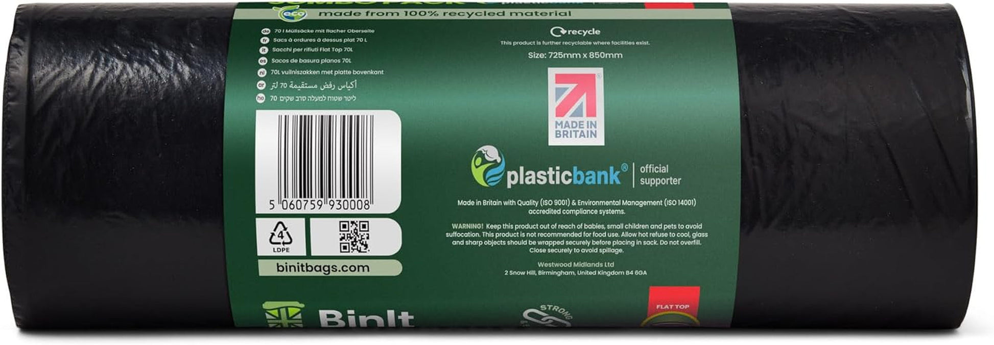 Binit 90 Jumbo Pack Everyday 70L Strong & Secure, Refuse Sacks, Bin Bags, Bin Liners, Flat Top, Recycled, Tear Resistant, 30 Μm, Perfect for Everyday Use, Household, Office, Kitchen & Caterers