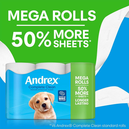 Andrex Complete Clean Toilet Tissue; 12 Mega Rolls, 50% Longer Lasting Toilet Paper with Unique 3D Wave Texture for a Proven, Effective Clean FSC Certified