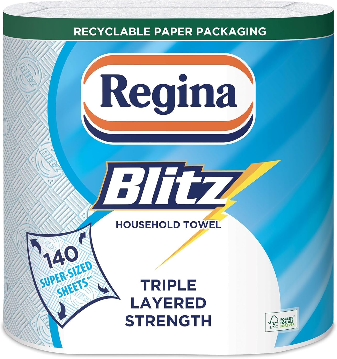 Regina Blitz Household Towels – 12 Rolls per Pack, 3-Ply Kitchen Roll, 70 Sheets per Roll, Paper Packaging, FSC Certified Paper, Recyclable Packaging, 60% Larger than Standard Kitchen Roll Sheets