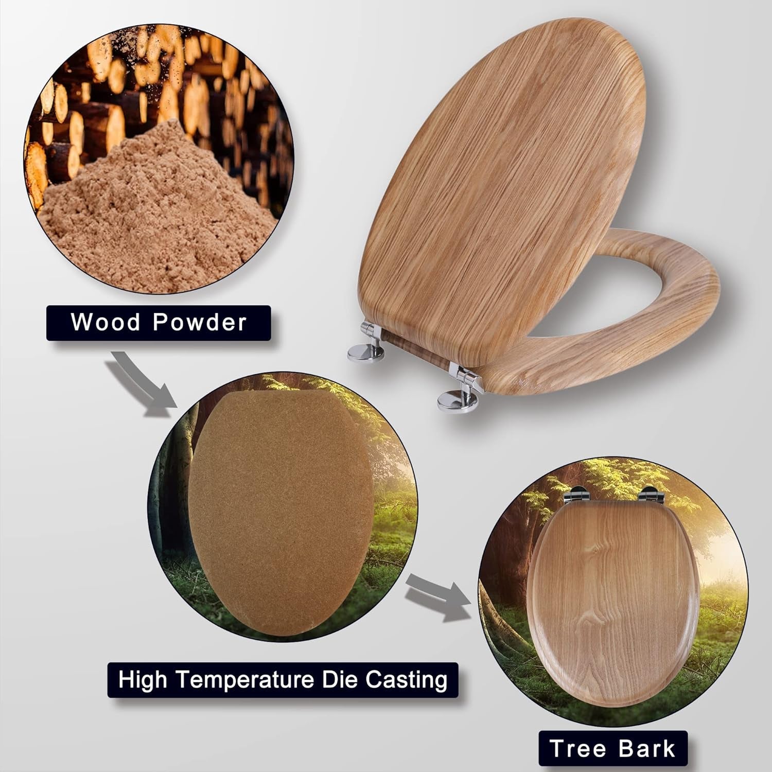 Angel Shield Toilet Seat Antibacterial Wooden Toilet Seat Adjustable Hinges Toilet Seat Always Fits Never Slips for Bathroom, 45 X 37 X 5.6 Cm (Solid Oak)