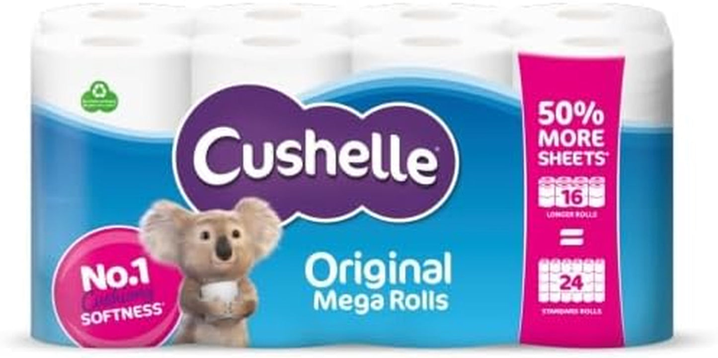 Cushelle Original Toilet Tissue, 16 Longer Lasting Rolls, 16 Equals 24 Regular Rolls, White Bulk Toilet Paper