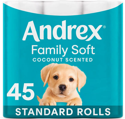 Andrex Family Soft Toilet Tissue 45 Rolls (Previously Andrex Gentle Clean) Gentle on Your Family’S Skin– Bulk Pack of 45 Toilet Rolls, FSC Certified