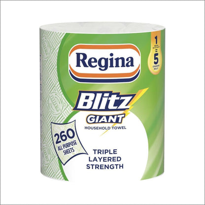 Regina Blitz Household Towels – 12 Rolls per Pack, 3-Ply Kitchen Roll, 70 Sheets per Roll, Paper Packaging, FSC Certified Paper, Recyclable Packaging, 60% Larger than Standard Kitchen Roll Sheets