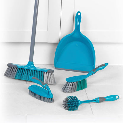 Beldray LA024152TQ Cleaning Bundle with Broom - Dustpan and Brush Set, Scrubbing & Dish Brushes, Long Handled Indoor Floor Sweeping, Washing up Brushes, Bathroom/Tile/Grout Cleaner, Soft Grip, Blue