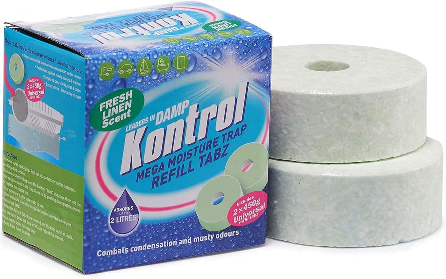 Kontrol 2 X MEGA Moisture Absorber Trap Refill Tabz 2 X 450G Fresh Linen Fragrance