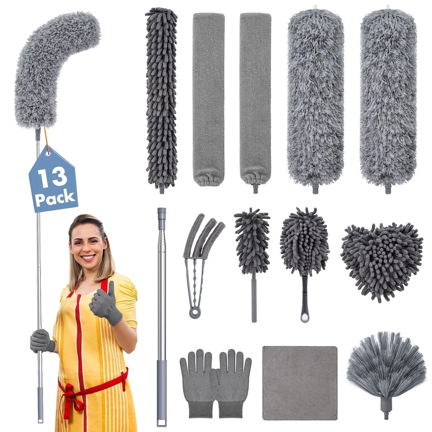 Treamon Microfiber Duster for Cleaning High Ceilings, Washable Reusable Dusters with Extension Pole (30" to 100"), 12 Pcs, Gray