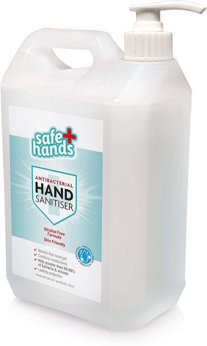 Safe Hands Hand Sanitiser Gel | Alcohol Free | 5 Litre (2 Pack) with 2 Manual Dispenser Pumps | Antibacterial & Antiviral Non Alcohol Hand Sanitizer | Contains Moisturisers