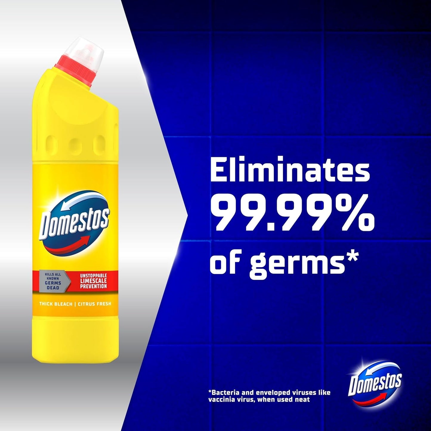 Domestos Citrus Fresh Thick Bleach Disinfectant That Eliminates 99.99% of Bacteria and Viruses* Unstoppable Limescale Prevention 750 Ml