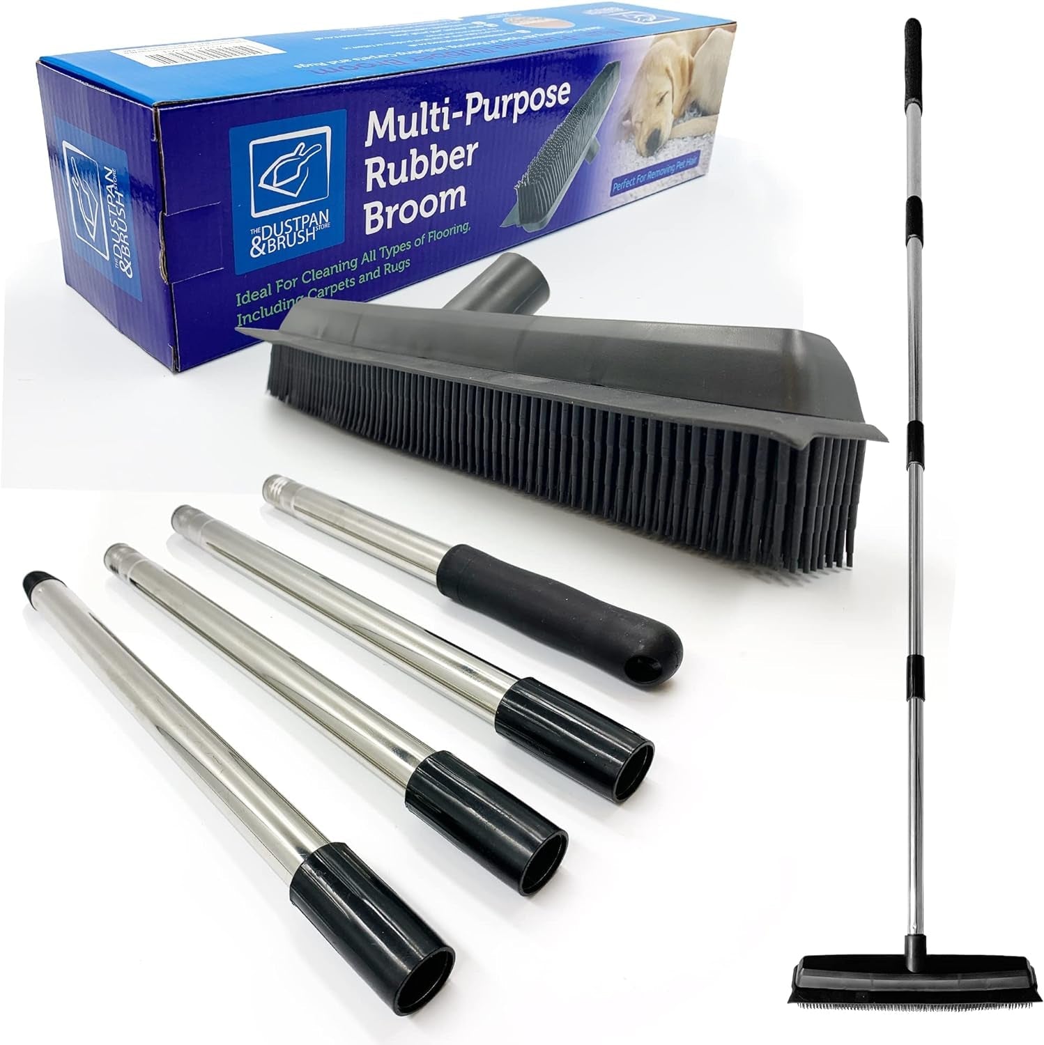 Rubber Broom Carpet Brush Indoor Floor & Carpet Sweeper Silicone Bristle Remove Pet Cat Dog Hair from Flooring Pile Rug with Long Collapsible Handle Kitchen Floor Cleaning Sweeping Brush Rake