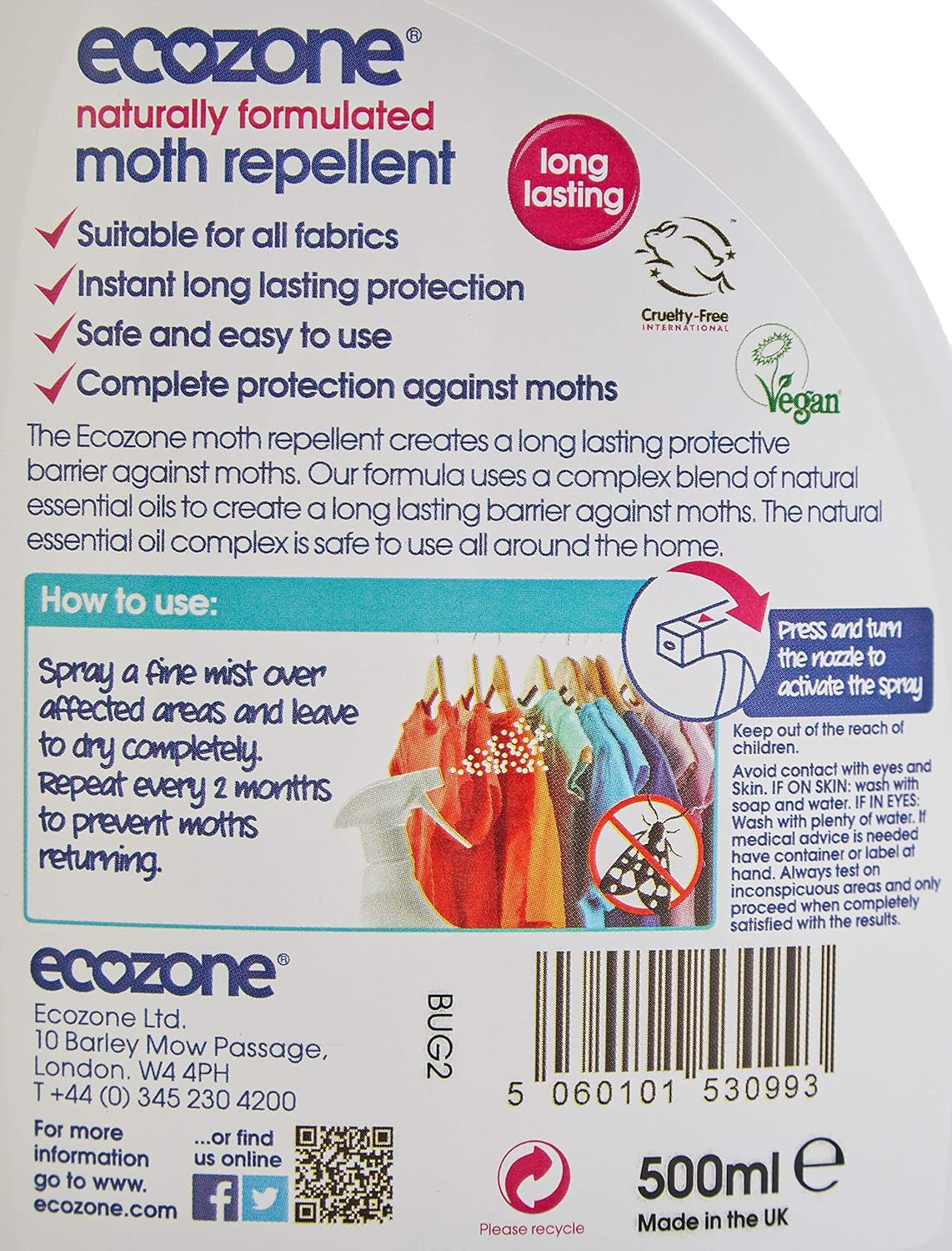 Ecozone Moth Repellent, Humane Natural Formula, Long Lasting Protection Treatment, Suitable for All Fabrics, Gentle on Skin & Clothes, Natural Vegan Eco Friendly Plant-Based Liquid (500Ml Spray)