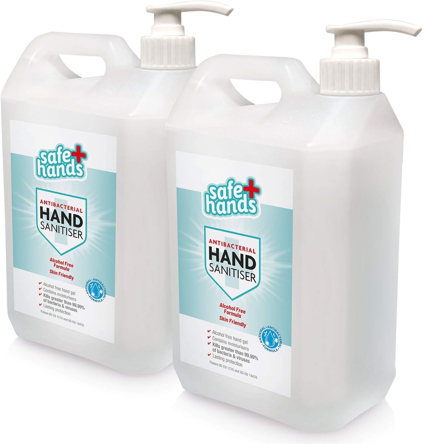 Safe Hands Hand Sanitiser Gel | Alcohol Free | 5 Litre (2 Pack) with 2 Manual Dispenser Pumps | Antibacterial & Antiviral Non Alcohol Hand Sanitizer | Contains Moisturisers