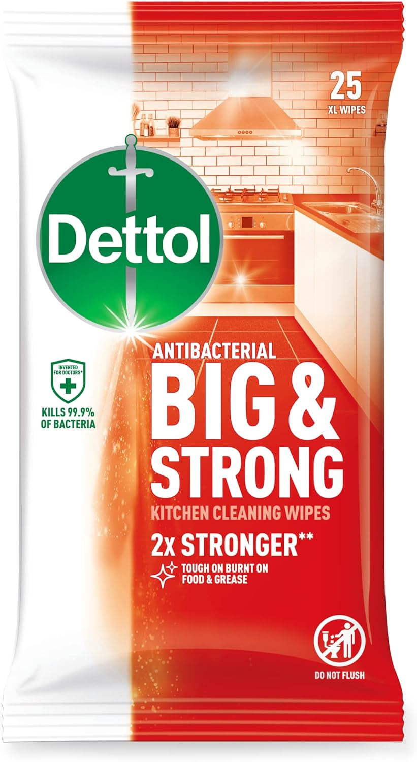 Dettol Big Wipes, Total 150 Wipes (6 Packs X 25), Heavy Duty Wipes, Ultra Grime Wipes, Kitchen Wipes, Kitchen Cleaner, Antibacterial, Disinfectant, Disinfectant Wipes, Household Cleaners