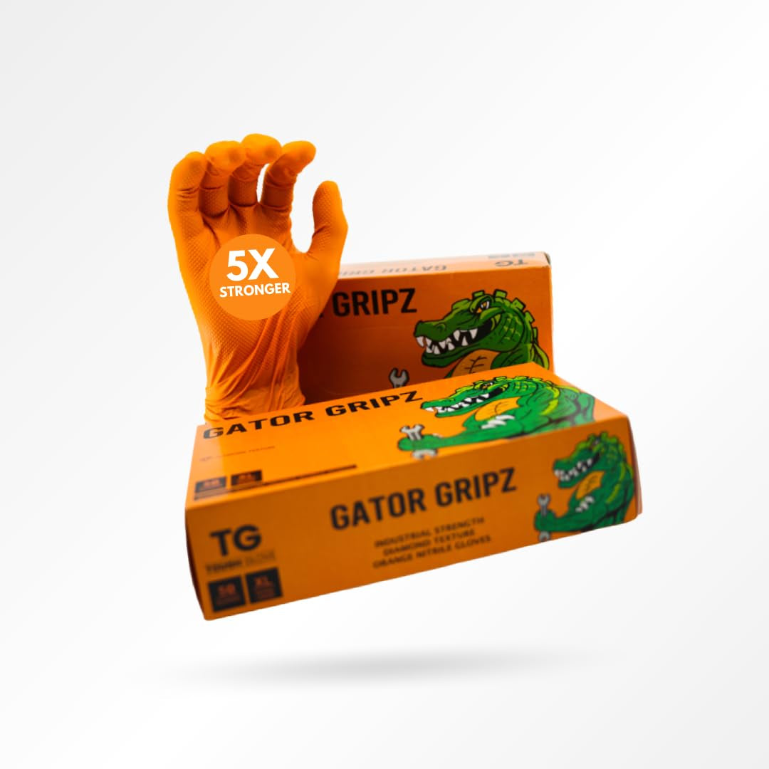 TG TOUGH GLOVE Gator Gripz (XL) Nitrile Gloves (Pack of 50) | Diamond Texture Orange Disposable Gloves | Powder & Latex Free | Super Strong Heavy-Duty Gloves