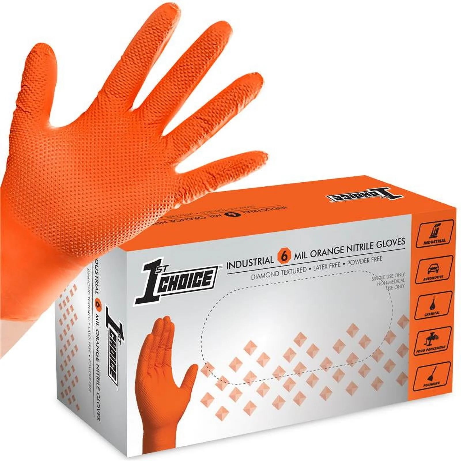 1St Choice Orange Disposable Nitrile Gloves Size XXL 1000 Count Diamond Grip