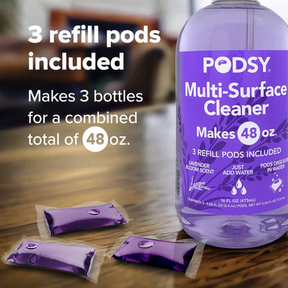 Podsy Multi-Surface Cleaning Set, 16 Fl Oz Bottle and 3 Refill Pods Make 48Oz, Just Add Water, Lavender Bloom Scent