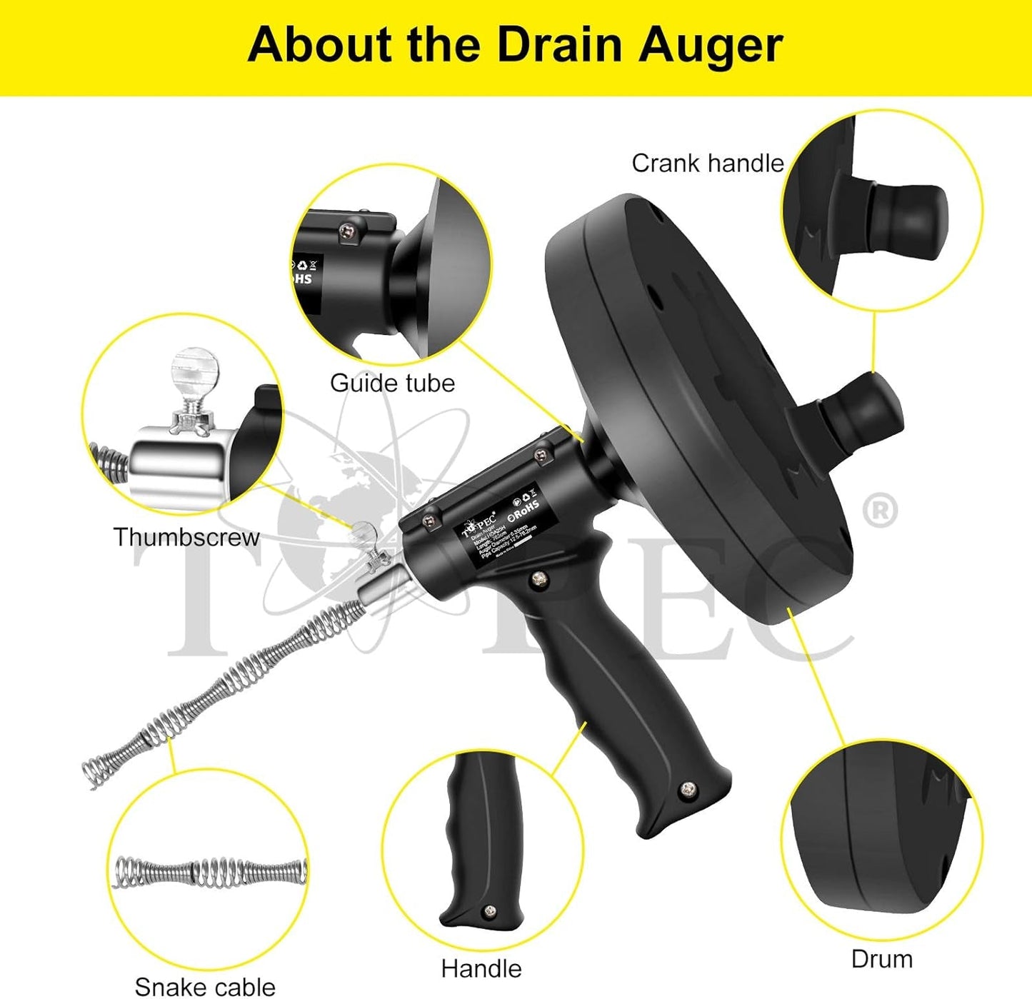 Topec 6 in 1 Snake Drain Auger 7.62M, Professional Sink Snake Hair Clog Remover Heavy Duty Pipe Snake for Bathtub Drain, Bathroom Sink, Kitchen and Shower, Snake Drain Cleaner with Gloves