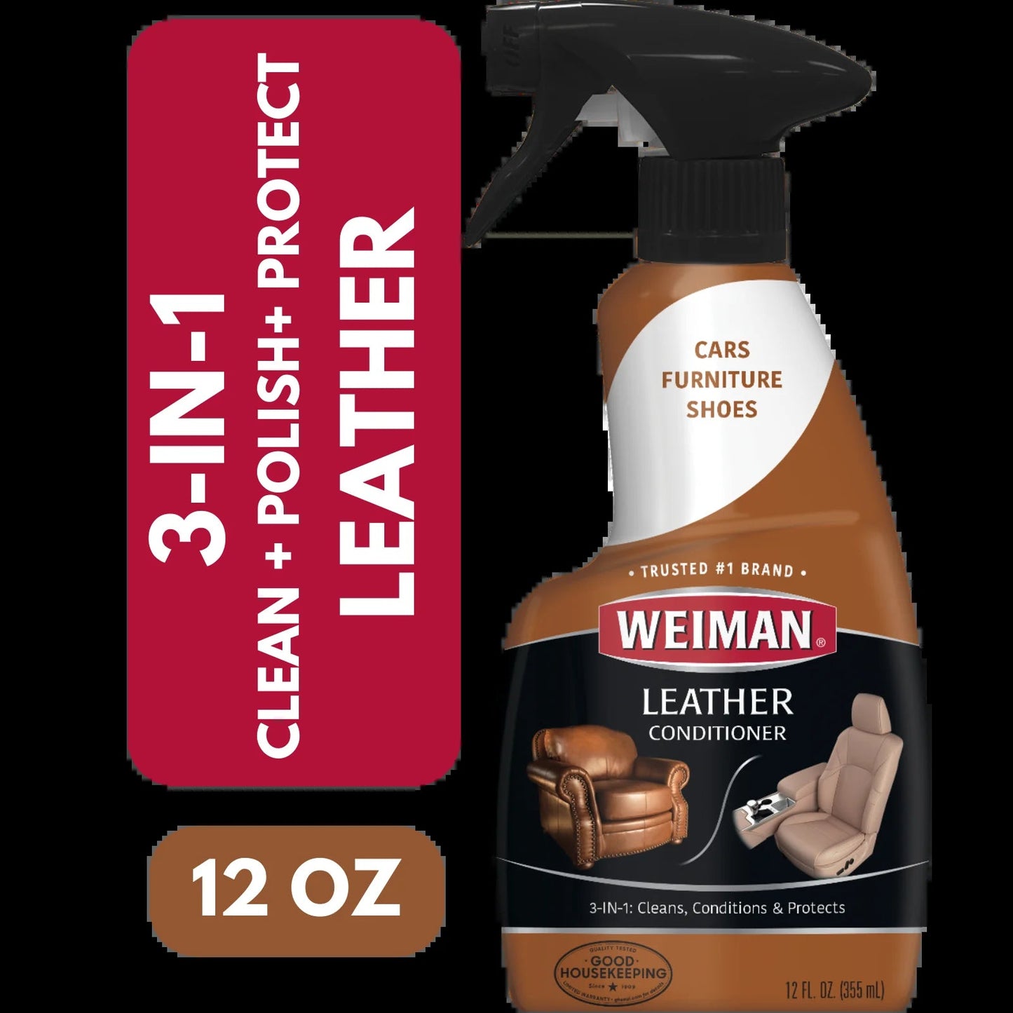 Weiman 3-1 Leather Cleaner & Conditioner for Furniture, Auto, Bags & Shoes, UVX Protection,16Oz